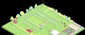 A wide, aerial view of the Girton Feast event grounds, showing tents, stalls, and a large grassy field.